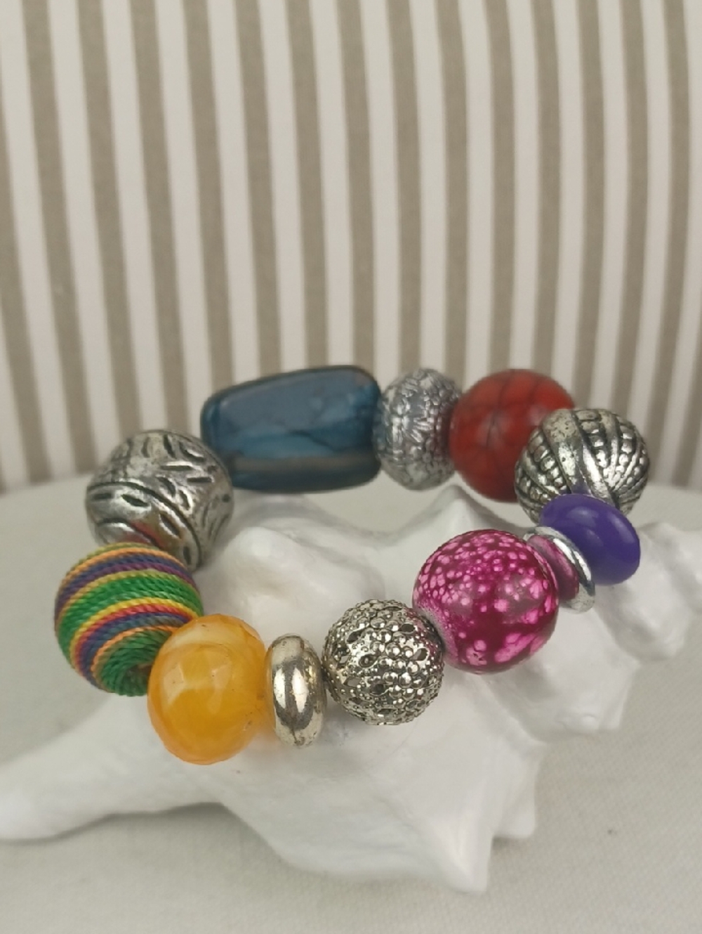 Colorful Boho Multicolor & Crafted Silver Gorgeous Fun Beaded Stretch Bracelet